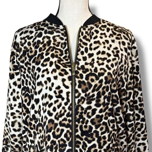 Susan Graver Large Lightweight Bomber Jacket Zip Front Leopard Print Pockets - Picture 2 of 13